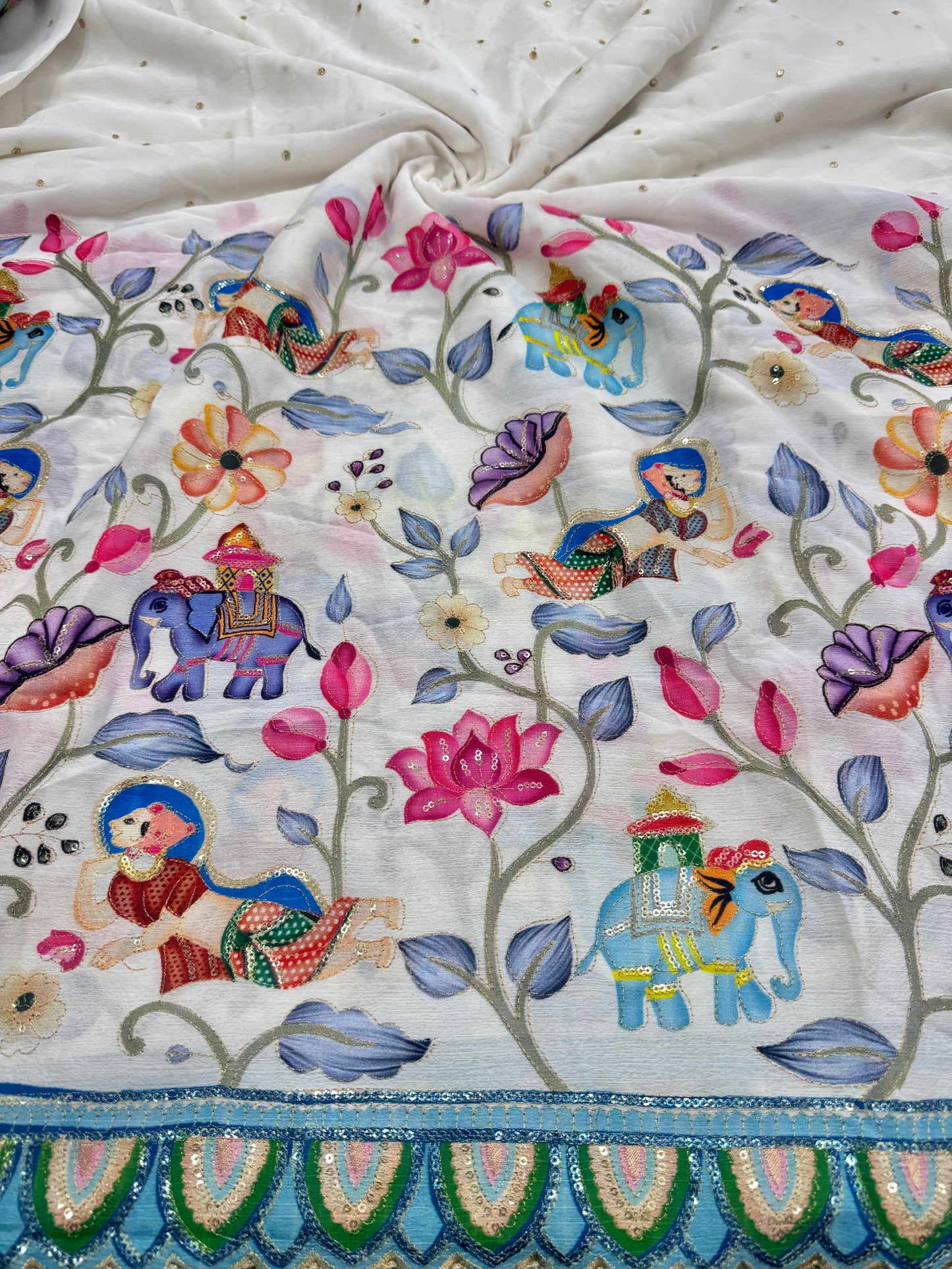 kalamkari border chenon fabrics Blend  with Elephant & Lotus Motifs Width: ~44–45 inches