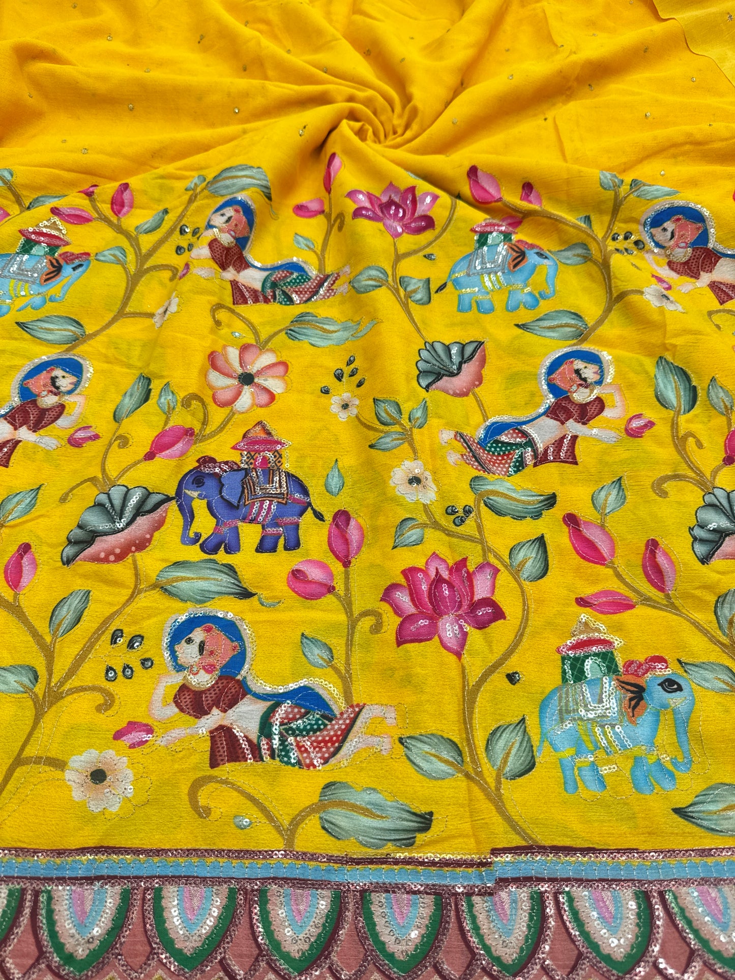 kalamkari border chenon fabrics Blend  with Elephant & Lotus Motifs Width: ~44–45 inches