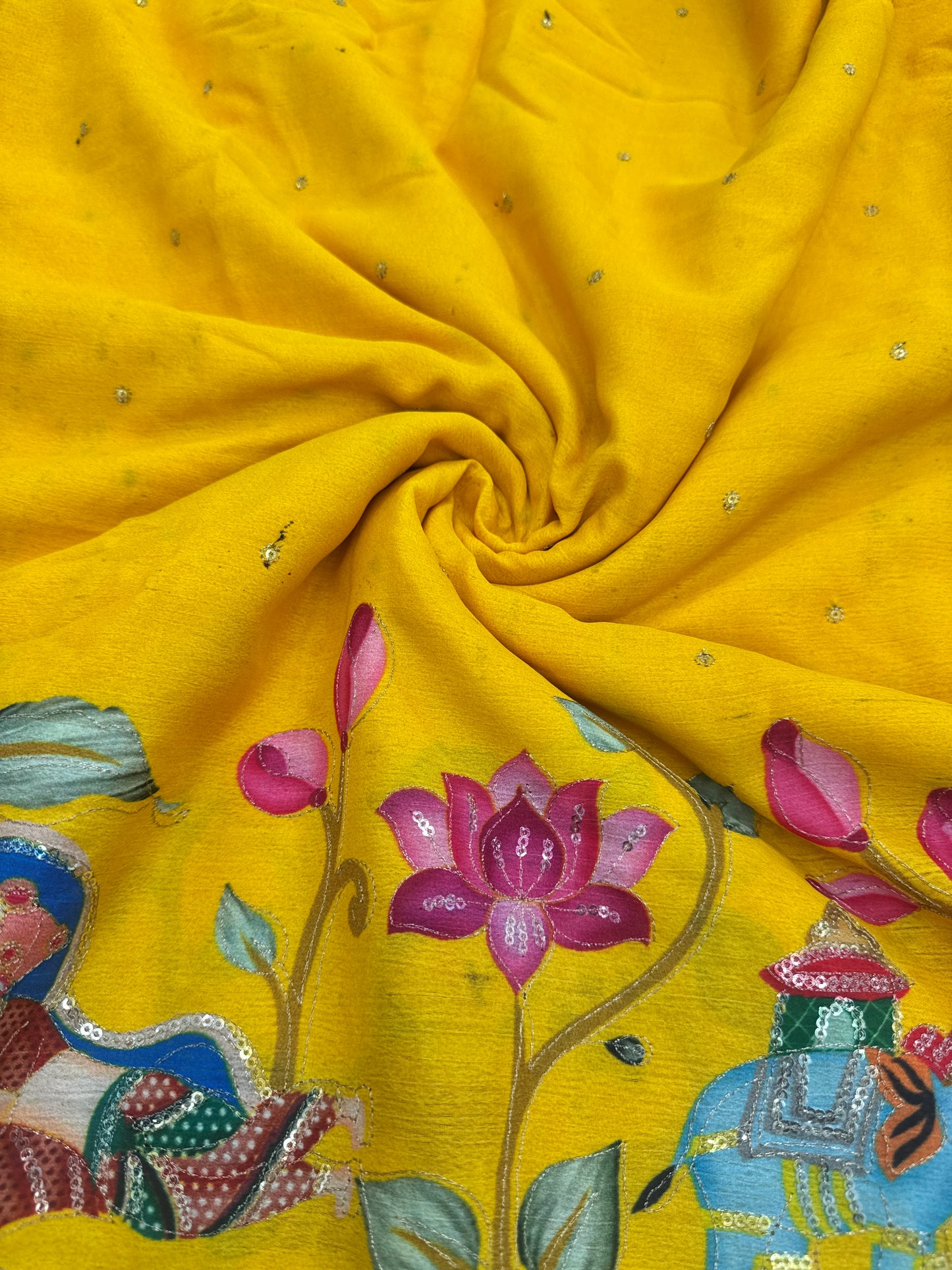 kalamkari border chenon fabrics Blend  with Elephant & Lotus Motifs Width: ~44–45 inches