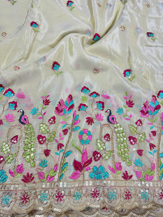 Viscouse tissue multi embroidery 🦚peacock Desing border 🌸44inch width( DYBLE)