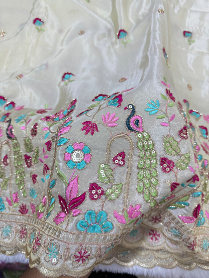 Viscouse tissue multi embroidery 🦚peacock Desing border 🌸44inch width( DYBLE)