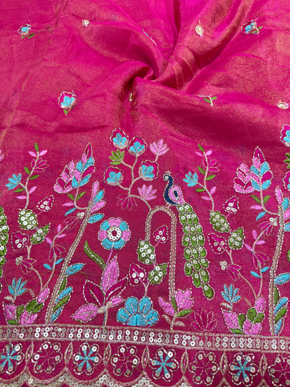 Tissu en viscose brodé multicolore 🦚 motif paon 🌸 largeur 44 pouces ROSE