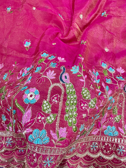 Tissu en viscose brodé multicolore 🦚 motif paon 🌸 largeur 44 pouces ROSE