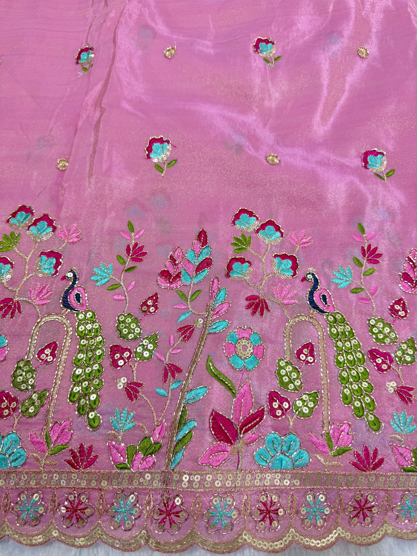 Viscouse tissue multi embroidery 🦚peacock Desing border 🌸44inch width baby pink