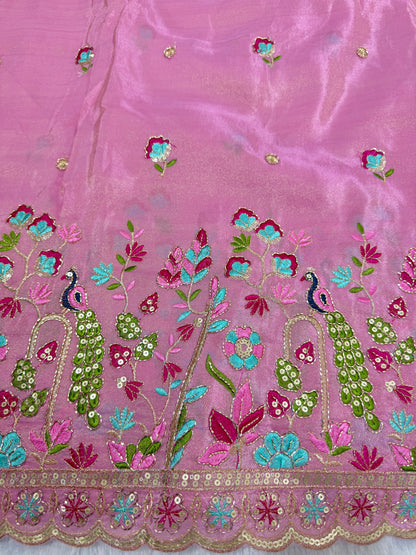 Tissu en viscose brodé multicolore 🦚 motif paon 🌸 largeur 44 pouces, rose bébé