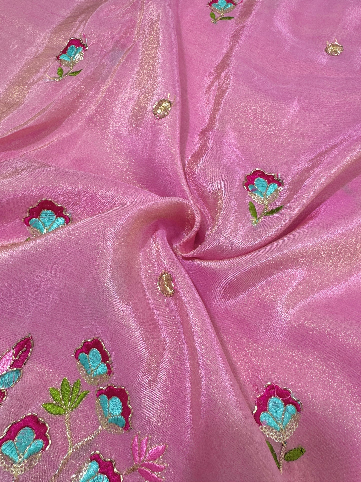 Viscouse tissue multi embroidery 🦚peacock Desing border 🌸44inch width baby pink