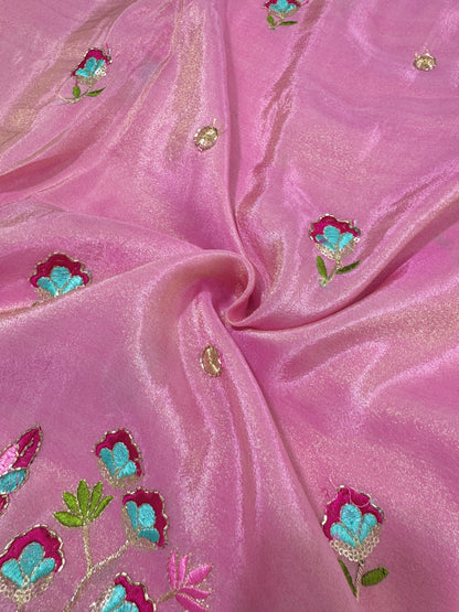 Tissu en viscose brodé multicolore 🦚 motif paon 🌸 largeur 44 pouces, rose bébé