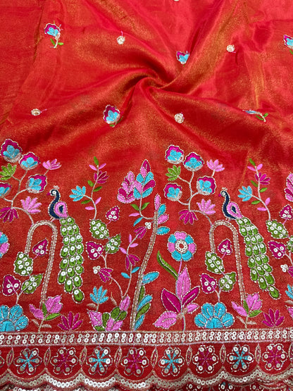 Tissu en viscose brodé multicolore 🦚 motif paon avec bordure et travail de perles 🌸 largeur 44 pouces ORANGE