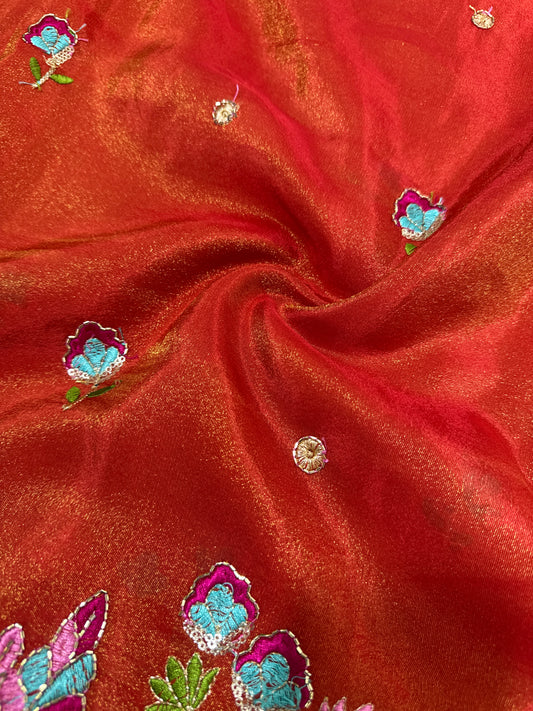 Viscouse tissue multi embroidery 🦚peacock Desing border WITH BEATS WORK 🌸44inch width ORANGE