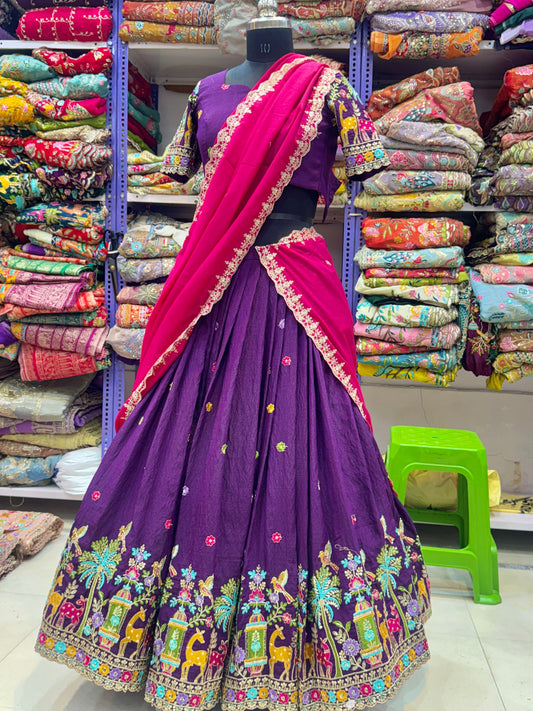 vichitra silk Luxury  Embroidered Fabric with Sequins & Multicolor Threadwork