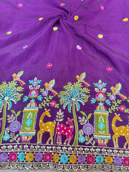 vichitra silk Luxury  Embroidered Fabric with Sequins & Multicolor Threadwork