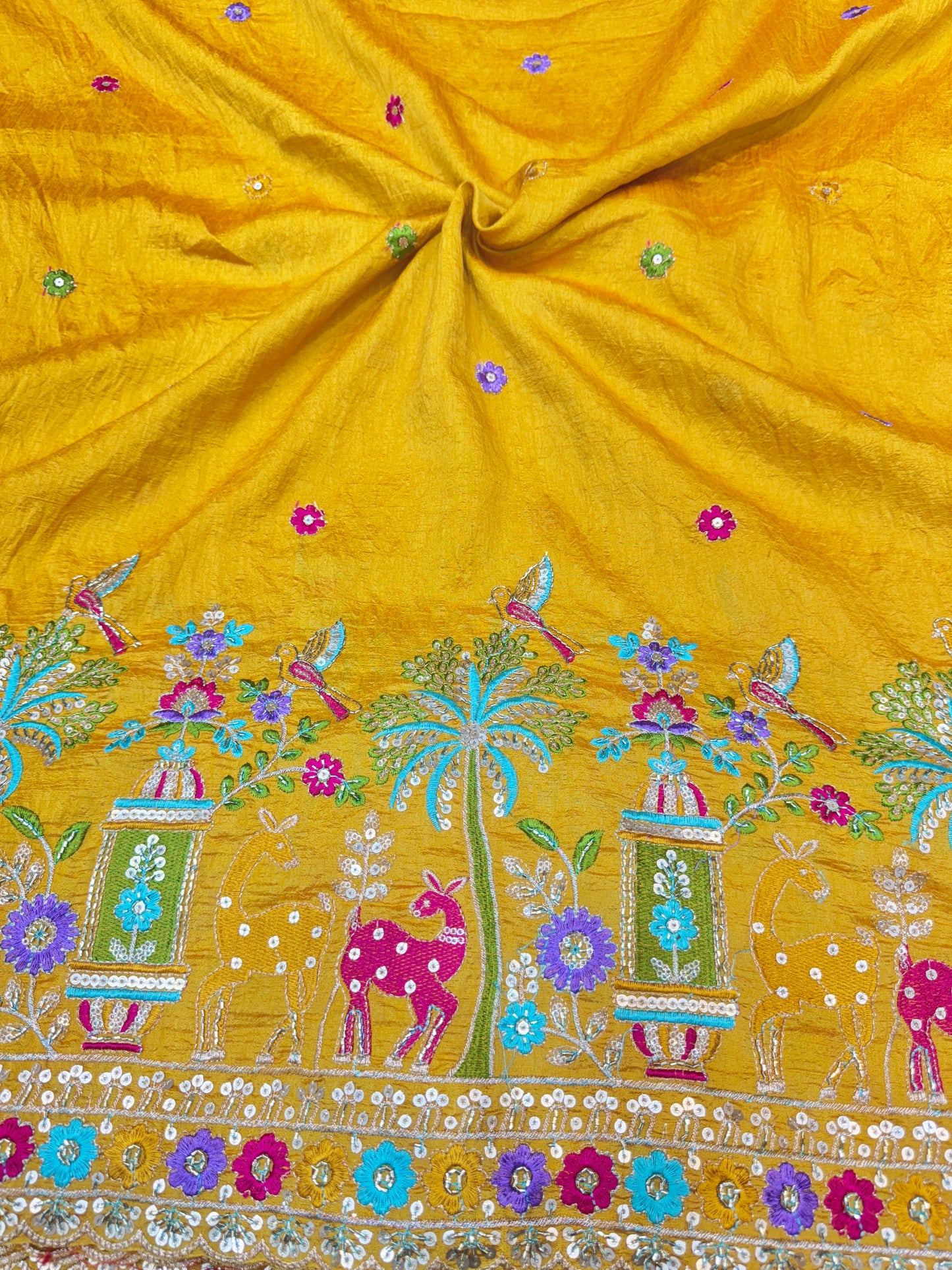 vichitra silk Luxury  Embroidered Fabric with Sequins & Multicolor Threadwork