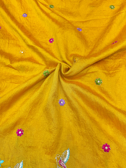 vichitra silk Luxury  Embroidered Fabric with Sequins & Multicolor Threadwork