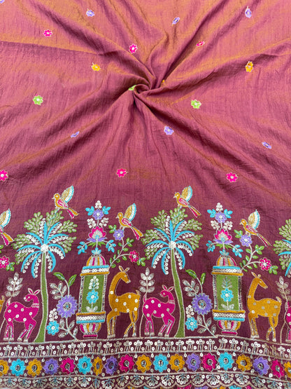 vichitra silk Luxury  Embroidered Fabric with Sequins & Multicolor Threadwork