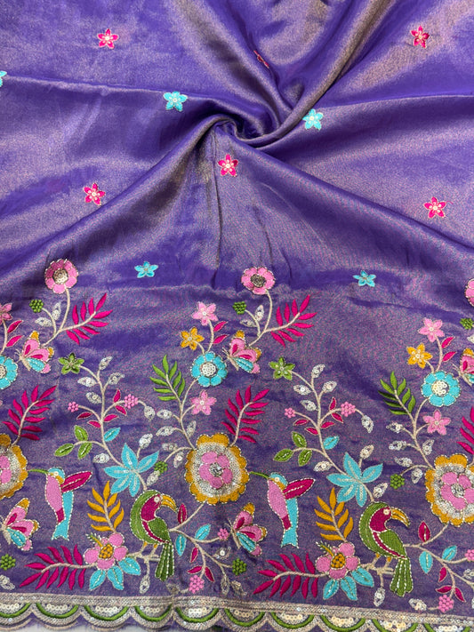 Tissu  Embroidered Silk Blend Fabric with Floral & Bird Motifs 45inch width PURPLE