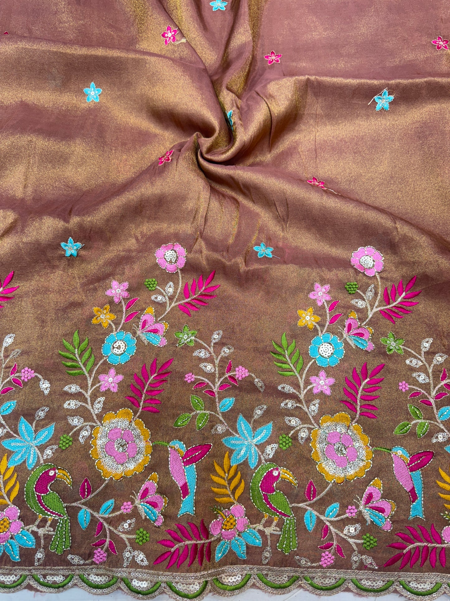 Tissu  Embroidered Silk Blend Fabric with Floral & Bird Motifs 45inch width BROWN