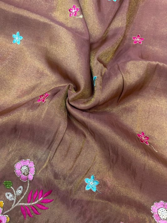 Tissu  Embroidered Silk Blend Fabric with Floral & Bird Motifs 45inch width BROWN