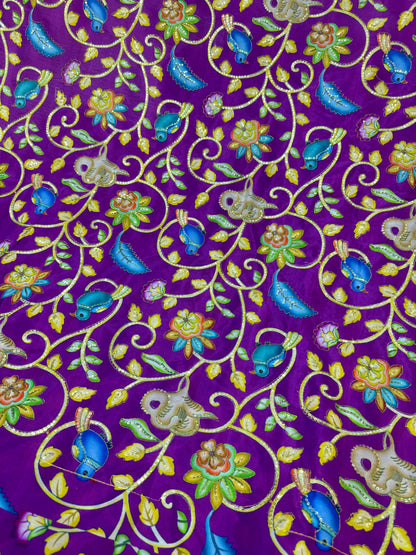 Luxury PURPLE  Silk french crepe Fabric with Nature-Inspired Embroidery kalamkari birds desig 44width