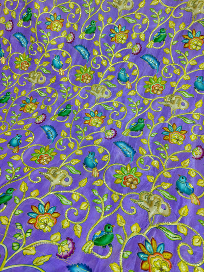 Luxury LAVENDER Silk french crepe Fabric with Nature-Inspired Embroidery kalamkari birds desig 44width