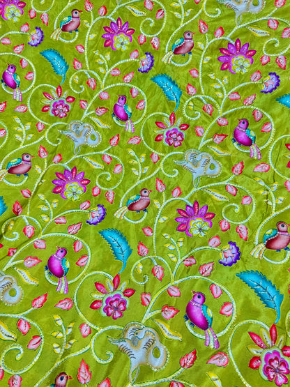 Luxury MEHANDI GREEN Silk french crepe Fabric with Nature-Inspired Embroidery kalamkari birds desig 44width
