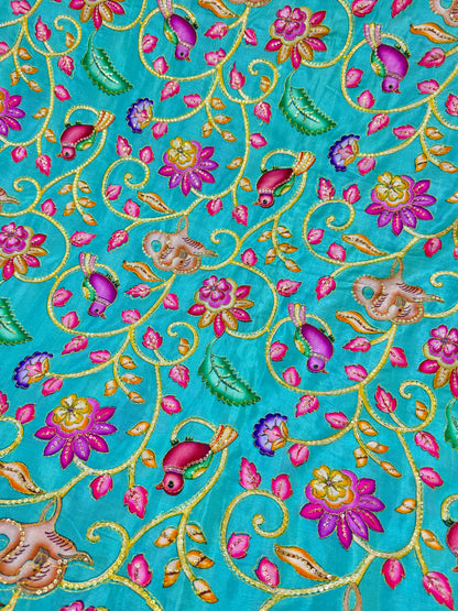 Luxury SKY BLUE  Silk french crepe Fabric with Nature-Inspired Embroidery kalamkari birds desig 44width