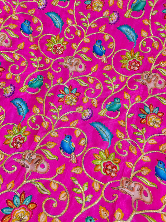 Luxury Pink Silk french crepe Fabric with Nature-Inspired Embroidery kalamkari position birds desing