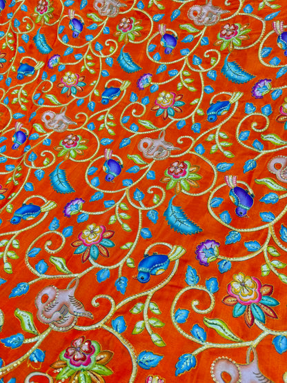 Luxury ORANGE Silk french crepe Fabric with Nature-Inspired Embroidery kalamkari birds desig 44width