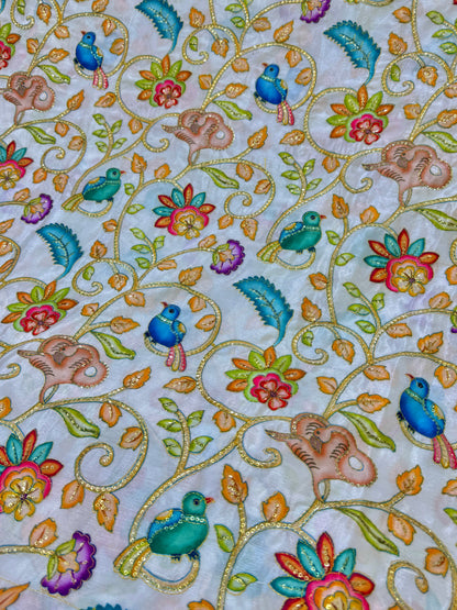 Luxury WHITE  Silk french crepe Fabric with Nature-Inspired Embroidery kalamkari birds desig 44width