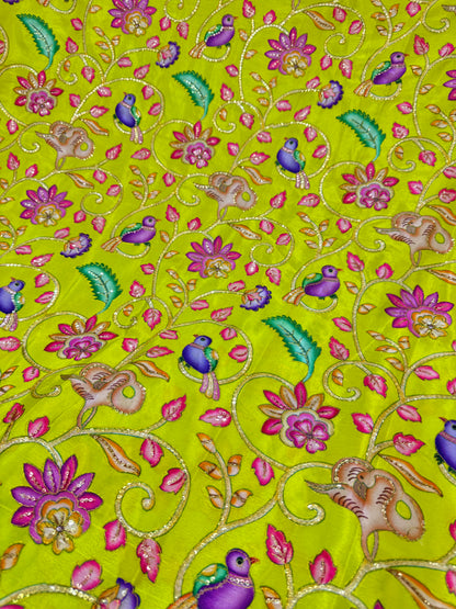 Luxury LIME YELLOW  Silk french crepe  Fabric with Nature-Inspired Embroidery 44width
