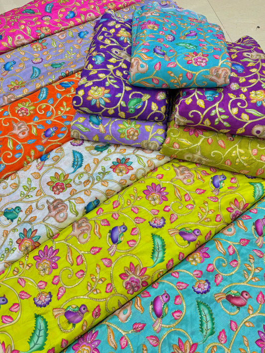 Luxury LAVENDER Silk french crepe Fabric with Nature-Inspired Embroidery kalamkari birds desig 44width