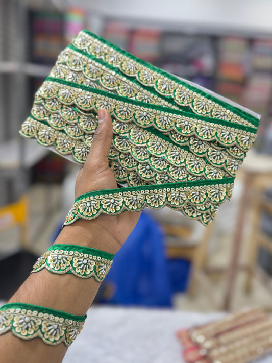Exclusive Katdana Maggam Work with sequins  Saree Lace border  – 9 Meters, 1.5 Inch Embroidered Border for Sarees, Lehengas & Dupattas PARROT GREEN