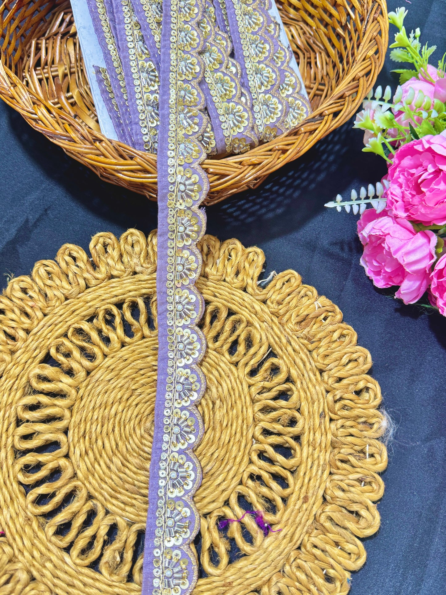 Exclusive Katdana Maggam Work with sequins  Saree Lace border  – 9 Meters, 1.5 Inch Embroidered Border for Sarees, Lehengas & Dupattas