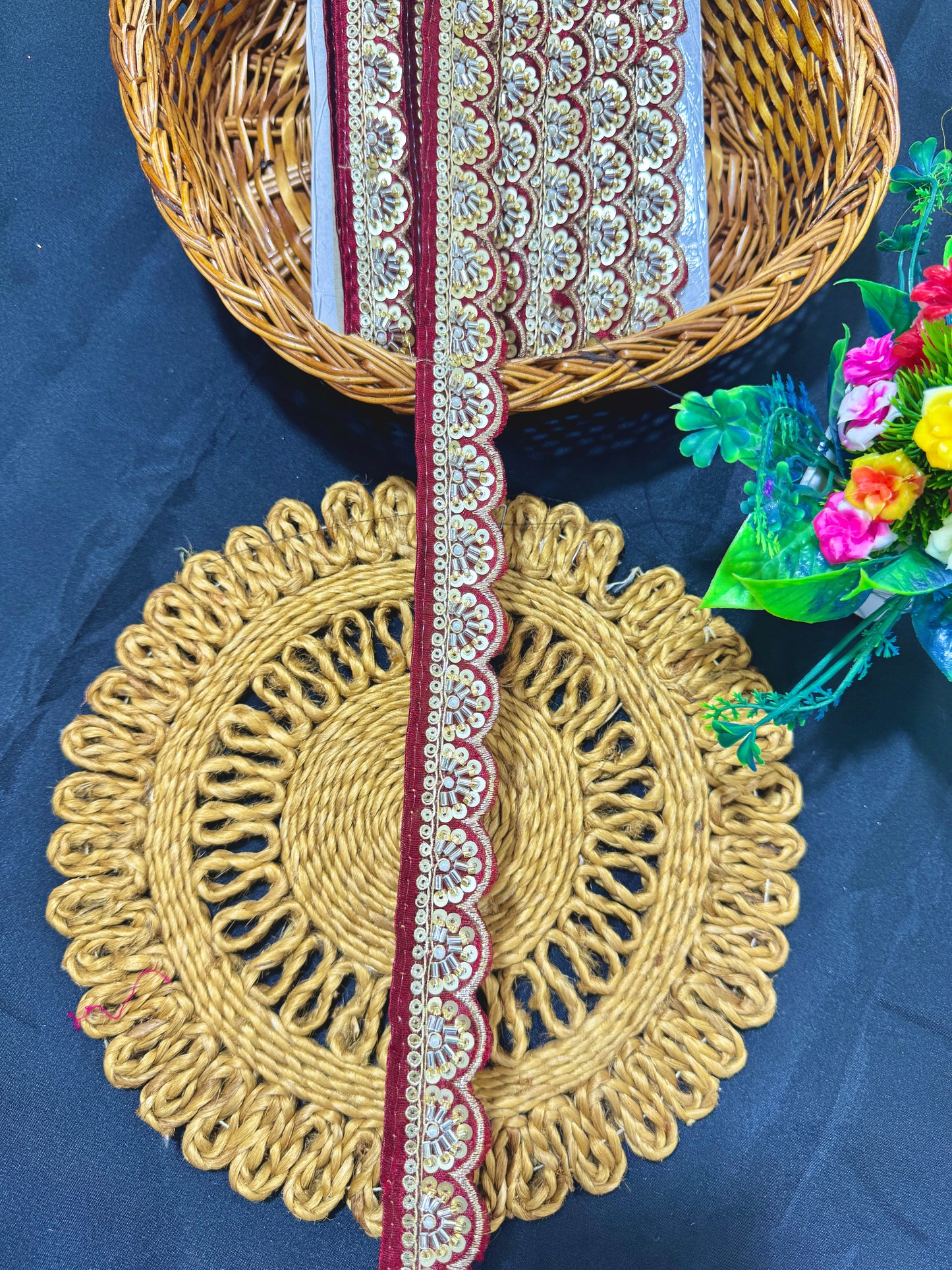 Exclusive Katdana Maggam Work with sequins  Saree Lace border  – 9 Meters, 1.5 Inch Embroidered Border for Sarees, Lehengas & Dupattas MAROON