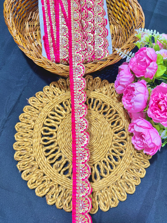 Exclusive Katdana Maggam Work with sequins  Saree Lace border  – 9 Meters, 1.5 Inch Embroidered Border for Sarees, Lehengas & Dupattas PINK
