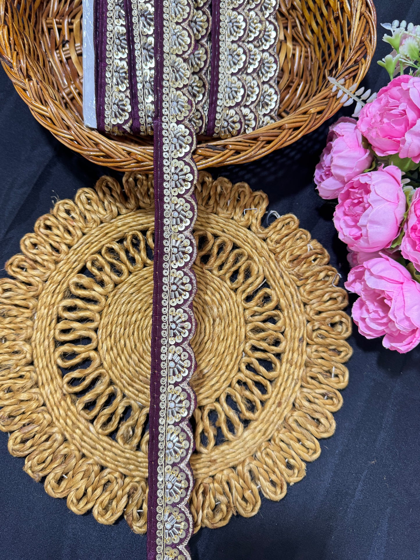 Exclusive Katdana Maggam Work with sequins  Saree Lace border  – 9 Meters, 1.5 Inch Embroidered Border for Sarees, Lehengas & Dupattas WINE