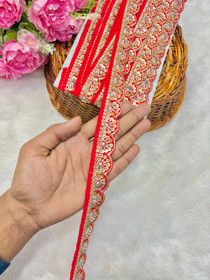 Premium Handmade Maggam Scallop Lace Border | Heavy Embroidered Designer Trim (Pack of 9 meter) cut work lace border(red)