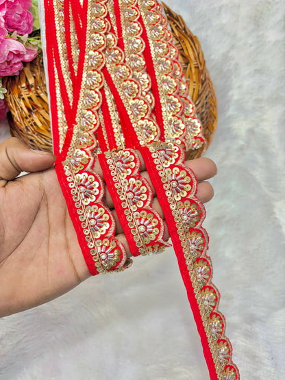 Premium Handmade Maggam Scallop Lace Border | Heavy Embroidered Designer Trim (Pack of 9 meter) cut work lace border(red)