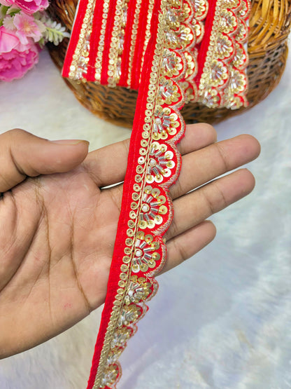 Premium Handmade Maggam Scallop Lace Border | Heavy Embroidered Designer Trim (Pack of 9 meter) cut work lace border(red)