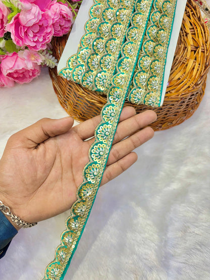 Premium Handmade Maggam Scallop Lace Border | Heavy Embroidered Designer Trim (Pack of 9 meter) cut work lace border(green)