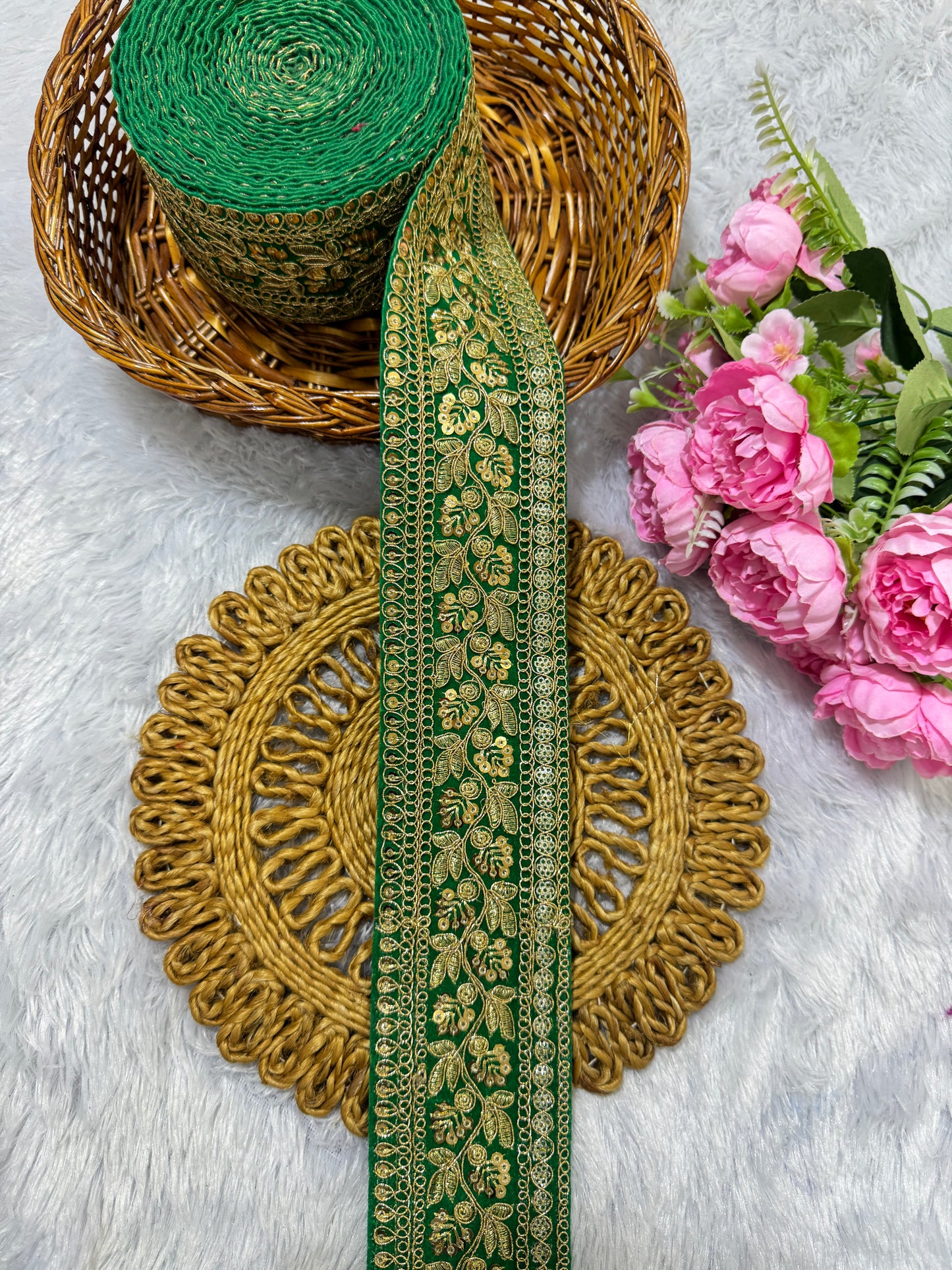 Premium velvet 3 inch gold Zari with sequins Embroidered  border for sarees lehengas & Duppata’s  Border 9 meter PARROT GREEN