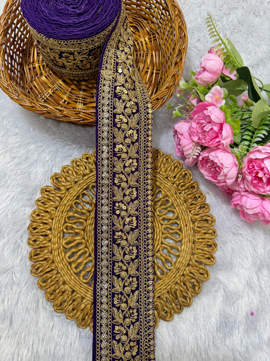 Premium velvet 3 inch gold Zari with sequins Embroidered  border for sarees lehengas & Duppata’s  Border 9 meter BLUE