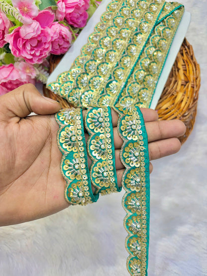 Premium Handmade Maggam Scallop Lace Border | Heavy Embroidered Designer Trim (Pack of 9 meter) cut work lace border(green)
