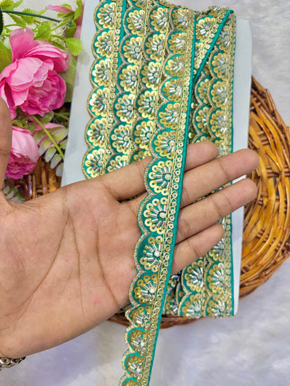 Premium Handmade Maggam Scallop Lace Border | Heavy Embroidered Designer Trim (Pack of 9 meter) cut work lace border(green)