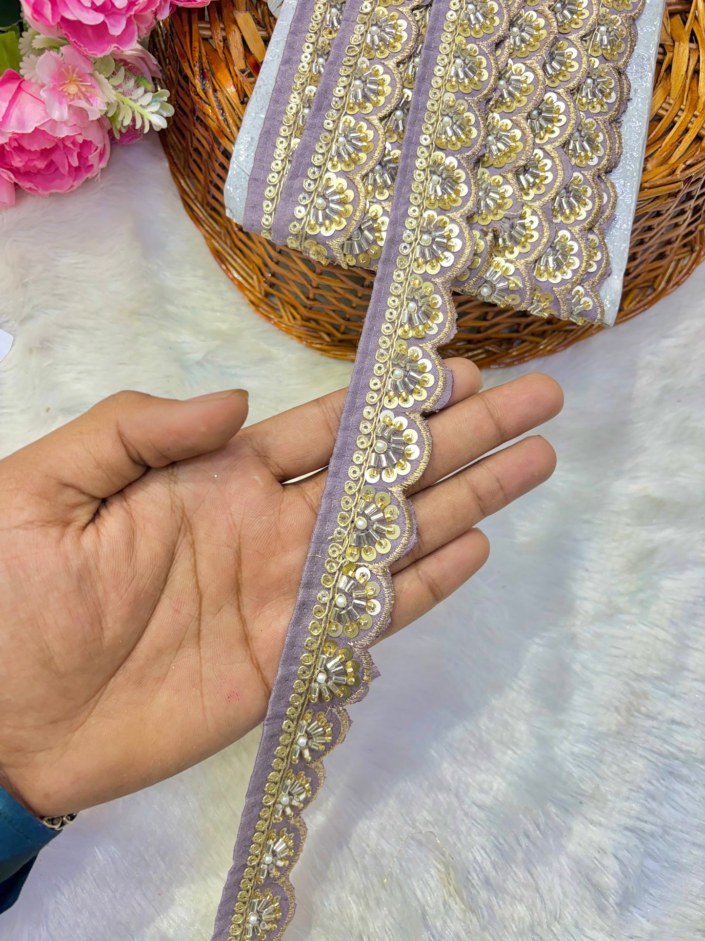 Premium Handmade Maggam Scallop Lace Border | Heavy Embroidered Designer Trim (Pack of 9 meter) cut work lace border(lavender)