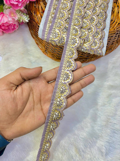 Premium Handmade Maggam Scallop Lace Border | Heavy Embroidered Designer Trim (Pack of 9 meter) cut work lace border(lavender)