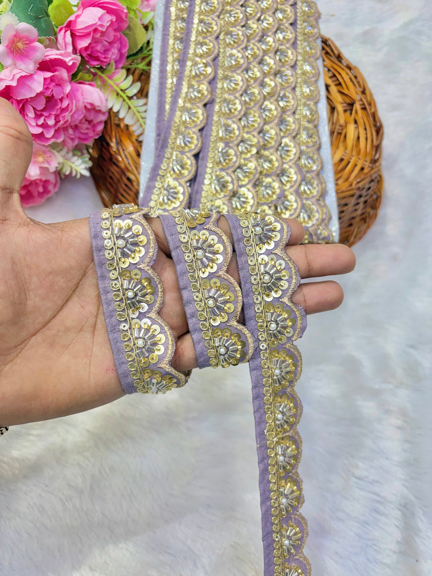 Premium Handmade Maggam Scallop Lace Border | Heavy Embroidered Designer Trim (Pack of 9 meter) cut work lace border(lavender)