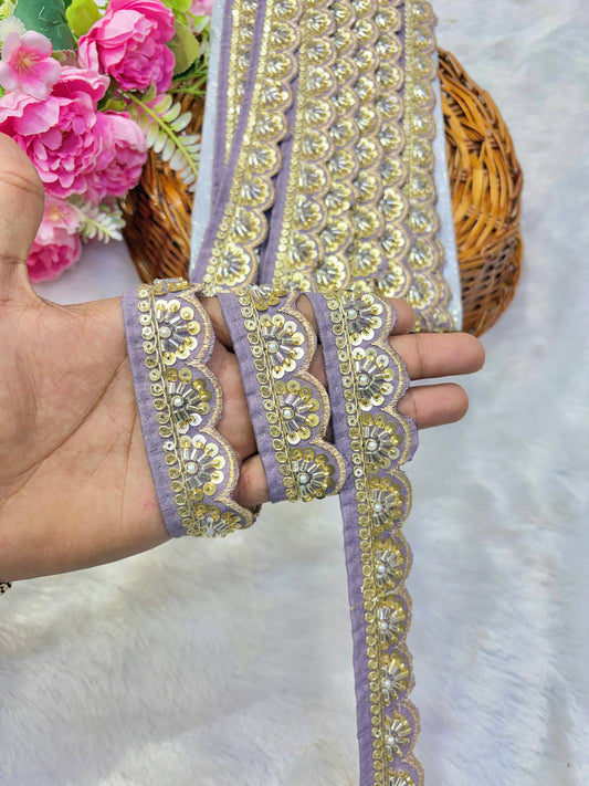 Premium Handmade Maggam Scallop Lace Border | Heavy Embroidered Designer Trim (Pack of 9 meter) cut work lace border(lavender)