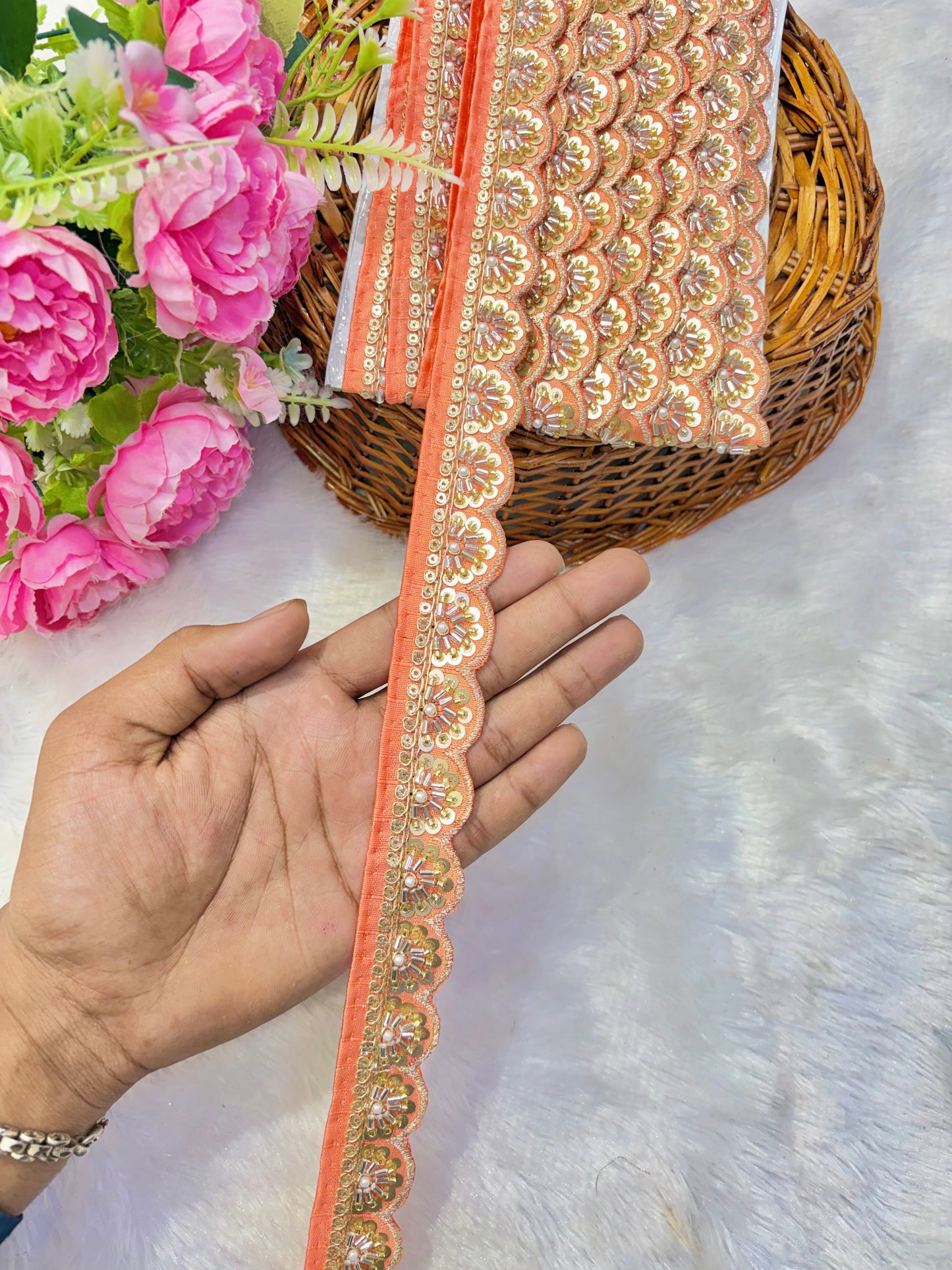 Premium Handmade Maggam Scallop Lace Border | Heavy Embroidered Designer Trim (Pack of 9 meter) cut work lace border(orange)