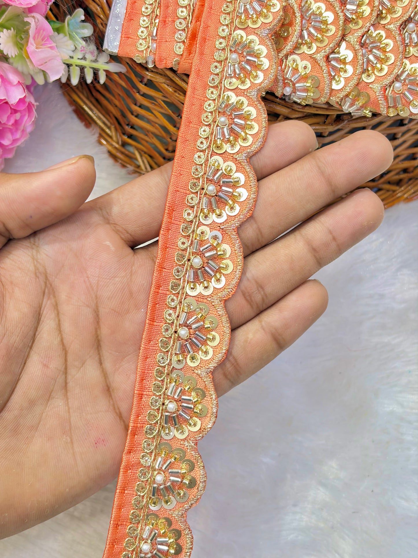 Premium Handmade Maggam Scallop Lace Border | Heavy Embroidered Designer Trim (Pack of 9 meter) cut work lace border(orange)