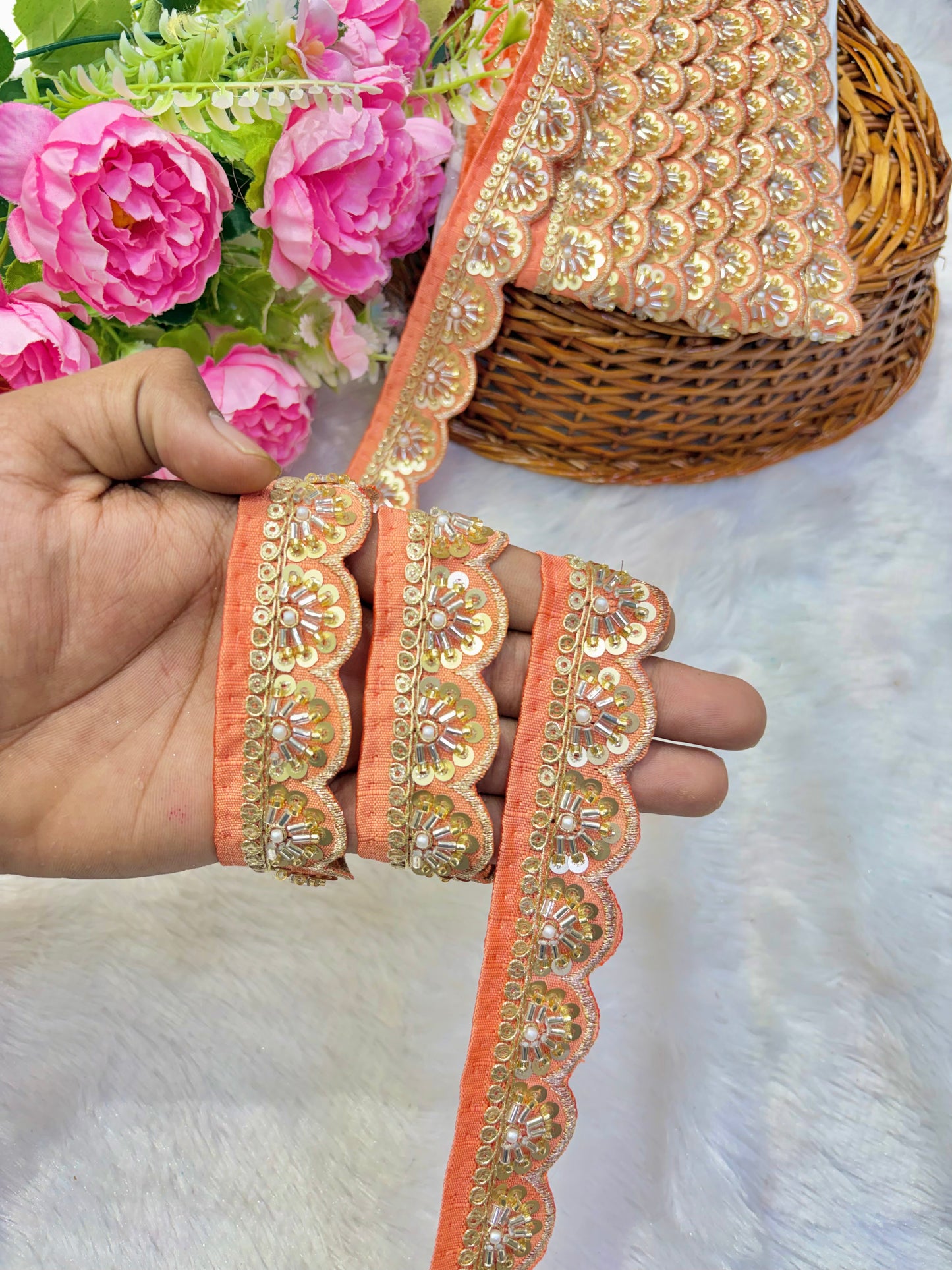 Premium Handmade Maggam Scallop Lace Border | Heavy Embroidered Designer Trim (Pack of 9 meter) cut work lace border(orange)